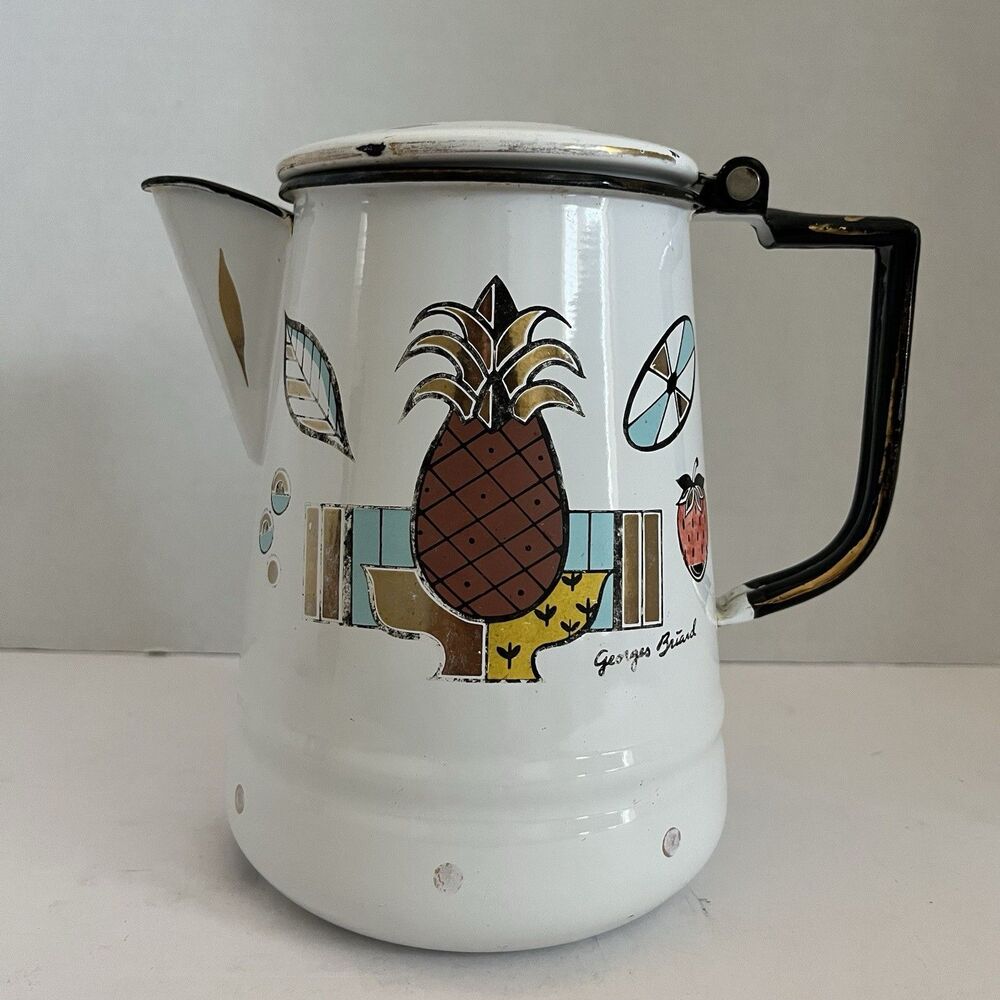 Vtg 50's 60's MCM George Briard Ambrosia Pineapple Enamelware Coffee‎ Pot Decor